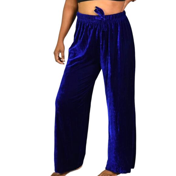 Vintage Velvet Pants Blue Cobalt Drawstring Pajama Lounge Straight Leg 70s Small - Picture 9 of 12